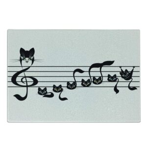 lunarable music cutting board, notes kittens kitty cat art notation tune halloween monochrome, decorative tempered glass cutting and serving board, small size, black white