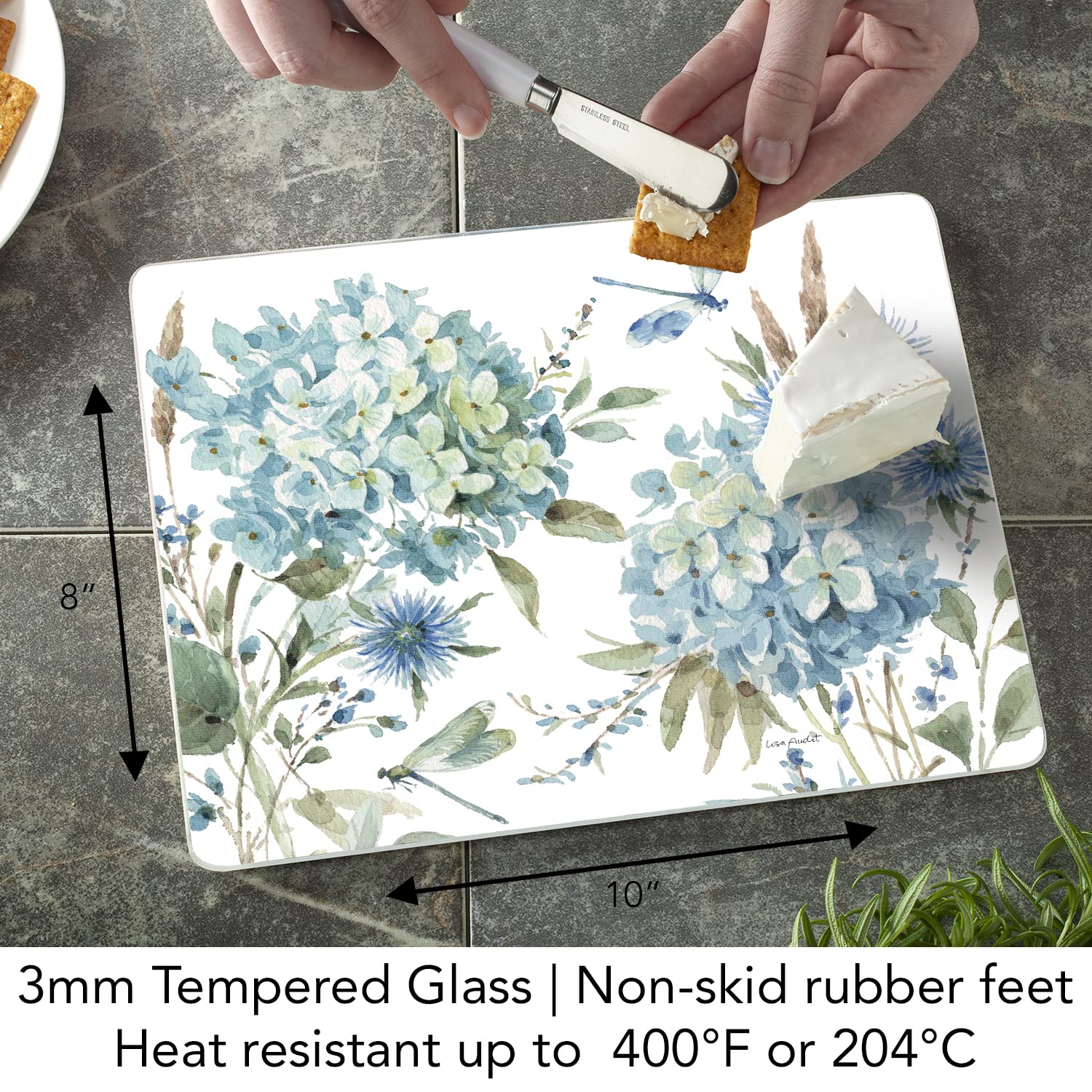 CounterArt Bohemian Blue 3mm Heat Tolerant Tempered Glass Cutting Board 10” x 8” Manufactured in the USA Dishwasher Safe