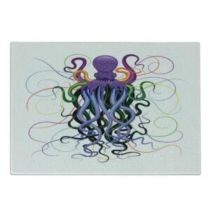 lunarable octopus cutting board, chaotic nautical underwater creatures aquatic animal tentacles rainbow pigments, decorative tempered glass cutting and serving board, small size, multicolor