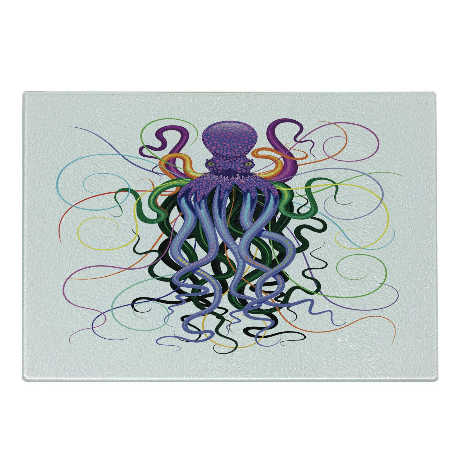 Lunarable Octopus Cutting Board, Chaotic Nautical Underwater Creatures Aquatic Animal Tentacles Rainbow Pigments, Decorative Tempered Glass Cutting and Serving Board, Small Size, Multicolor