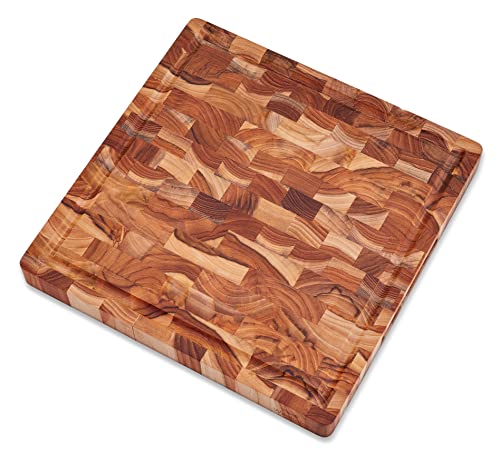 Weekolor, Square Butcher Block Cutting Board, Teak Wood End Grain, Thick Prep Station 14x14x1.5 in, Juice Groove, Reversible Charcuterie Board, Vegetable, Fruit, Bread Cheese Board