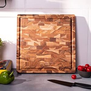 Weekolor, Square Butcher Block Cutting Board, Teak Wood End Grain, Thick Prep Station 14x14x1.5 in, Juice Groove, Reversible Charcuterie Board, Vegetable, Fruit, Bread Cheese Board