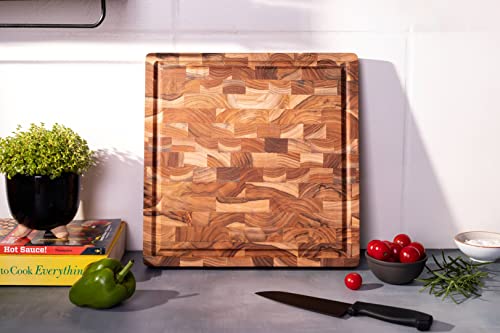 Weekolor, Square Butcher Block Cutting Board, Teak Wood End Grain, Thick Prep Station 14x14x1.5 in, Juice Groove, Reversible Charcuterie Board, Vegetable, Fruit, Bread Cheese Board