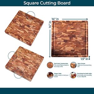 Weekolor, Square Butcher Block Cutting Board, Teak Wood End Grain, Thick Prep Station 14x14x1.5 in, Juice Groove, Reversible Charcuterie Board, Vegetable, Fruit, Bread Cheese Board