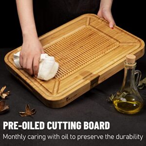 Turkey Carving Board, Heavy Duty Meat Cutting Board for Thanksgiving Bamboo Wood Butcher Block Brisket Cutting Boards with Juice Groove, Pyramid Spikes Stabilizes Steak or Turkey While Carving