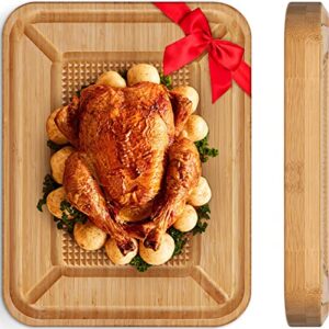 turkey carving board, heavy duty meat cutting board for thanksgiving bamboo wood butcher block brisket cutting boards with juice groove, pyramid spikes stabilizes steak or turkey while carving