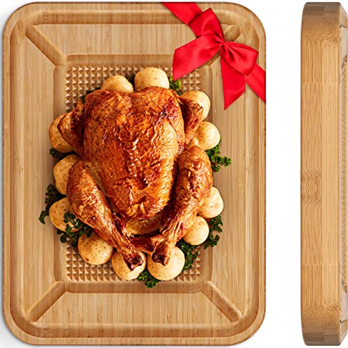 Turkey Carving Board, Heavy Duty Meat Cutting Board for Thanksgiving Bamboo Wood Butcher Block Brisket Cutting Boards with Juice Groove, Pyramid Spikes Stabilizes Steak or Turkey While Carving