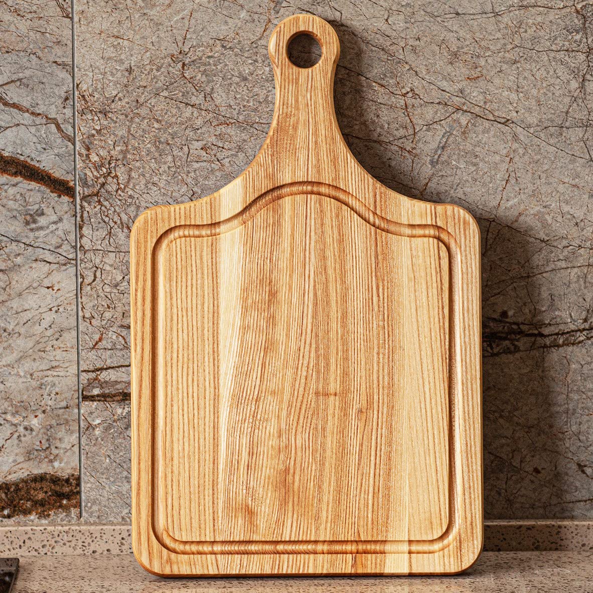 BIOL 15.7x9.8’’ Wooden Hardwood Cutting Board with Handle for Kitchen with Deep Juice Groove BBQ Chinese Turkey Mini Commercial - Lipped Round Charcuterie Board with Lip, Bread Cheese, Crackers