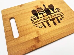 grandma's kitchen engraved bamboo wood 9.5x13 cutting board with handle for grandmother or mother's day charcuterie butter board