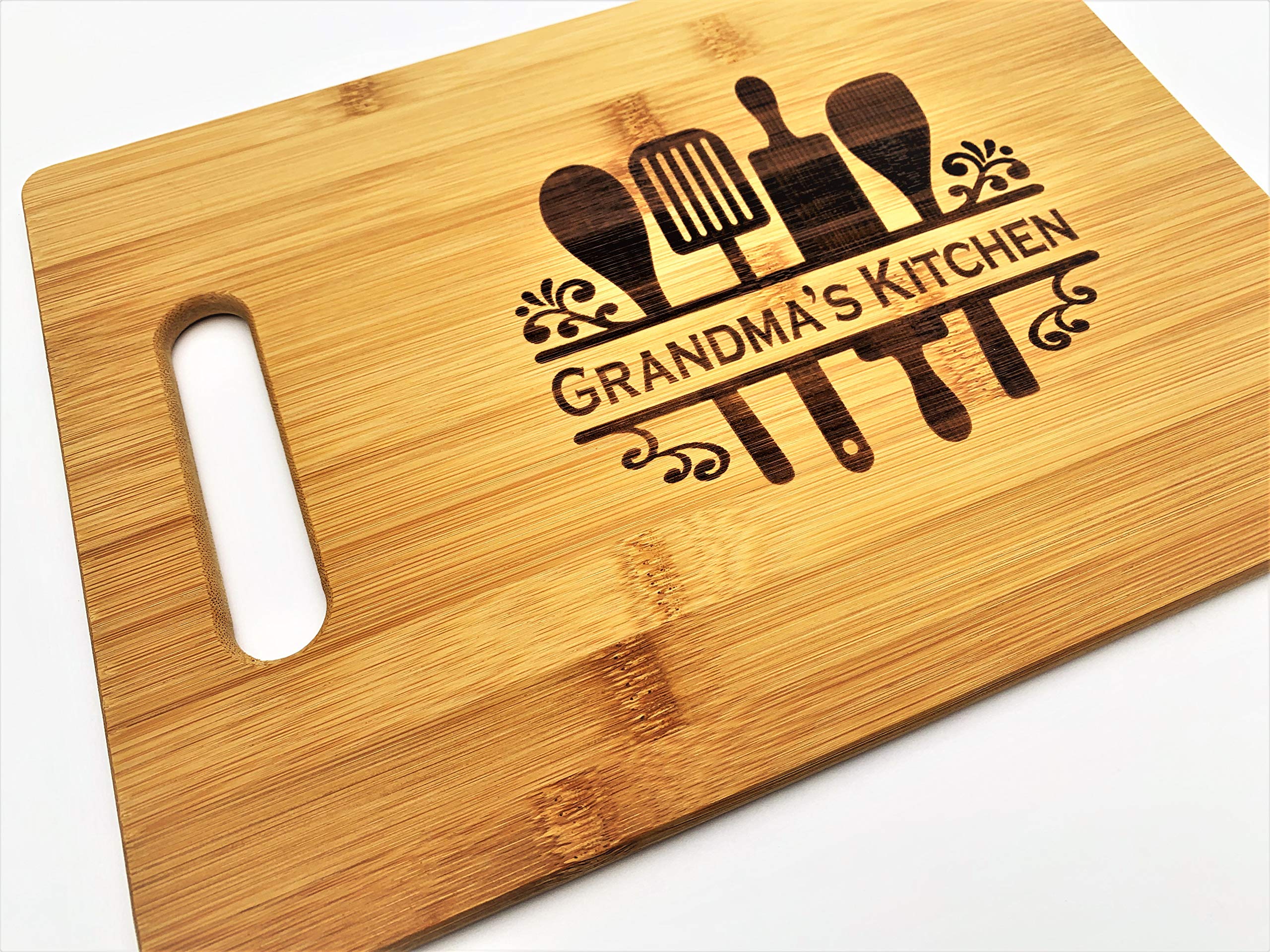 Grandma's Kitchen Engraved Bamboo Wood 9.5x13 Cutting Board with Handle for Grandmother or Mother's Day Charcuterie Butter Board