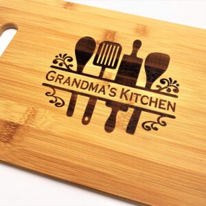 Grandma's Kitchen Engraved Bamboo Wood 9.5x13 Cutting Board with Handle for Grandmother or Mother's Day Charcuterie Butter Board