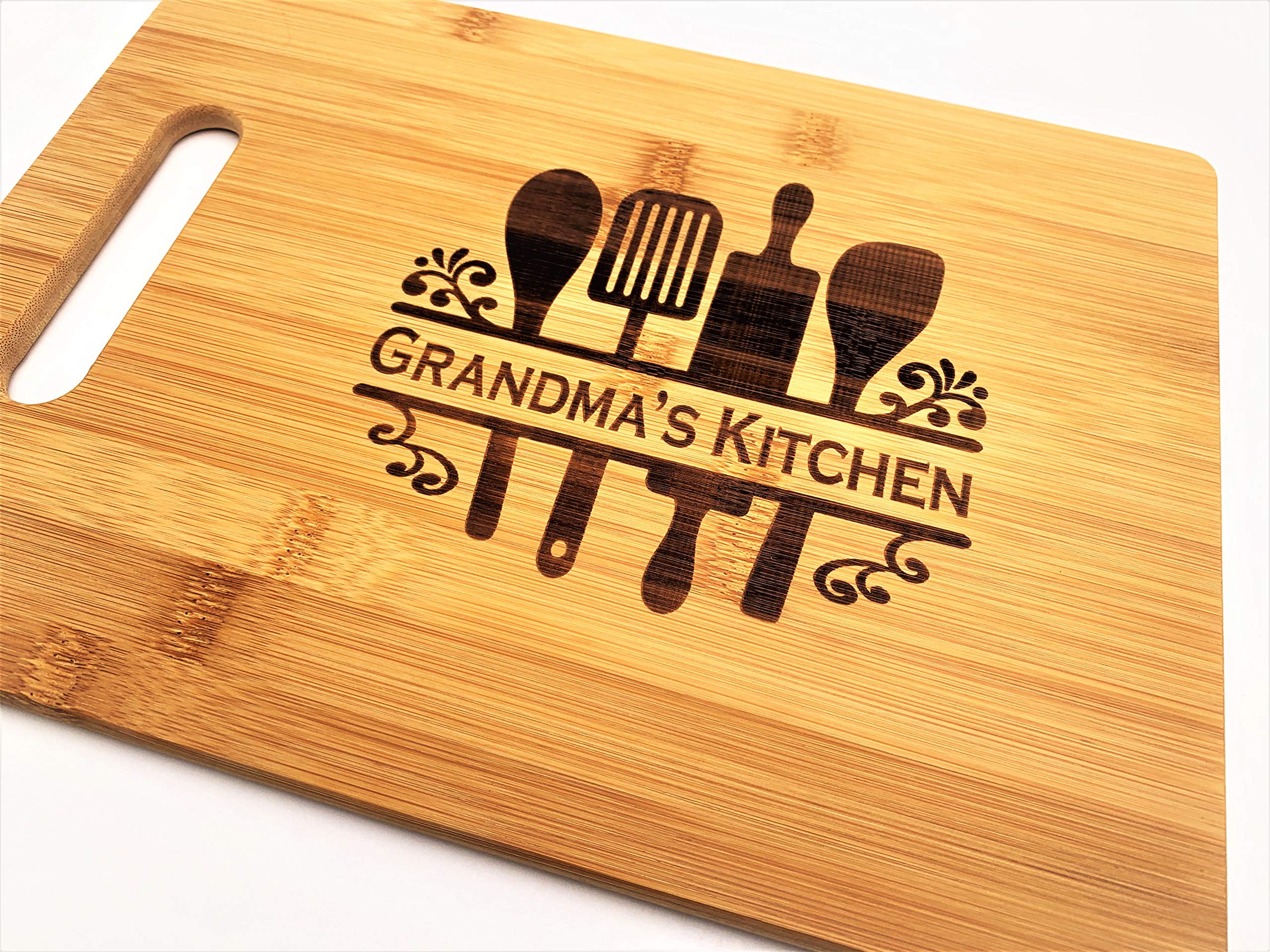 Grandma's Kitchen Engraved Bamboo Wood 9.5x13 Cutting Board with Handle for Grandmother or Mother's Day Charcuterie Butter Board