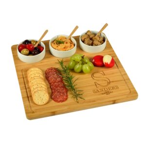 custom personalized engraved bamboo cheese/charcuterie cutting board - includes 3 ceramic bowls with bamboo spoons - cheese markers - designed & quality checked in the usa