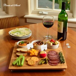 Custom Personalized Engraved Bamboo Cheese/Charcuterie Cutting Board - Includes 3 Ceramic Bowls with Bamboo Spoons - Cheese Markers - Designed & Quality Checked in The USA