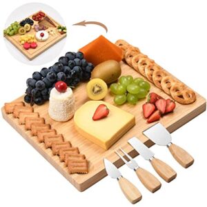 royamy bamboo cheese board set charcuterie platter bamboo cutting board with 4 stainless steel knife perfect choice for birthday wedding anniversary- double side