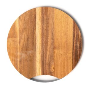american atelier acacia wood round cutting board with metal accent | serving board | large cheese board | charcuterie board with handle for serving cheeses, meats, crackers, and wine (13”)