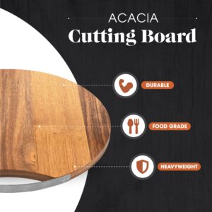 American Atelier Acacia Wood Round Cutting Board with Metal Accent | Serving Board | Large Cheese Board | Charcuterie Board with Handle for Serving Cheeses, Meats, Crackers, and Wine (13”)