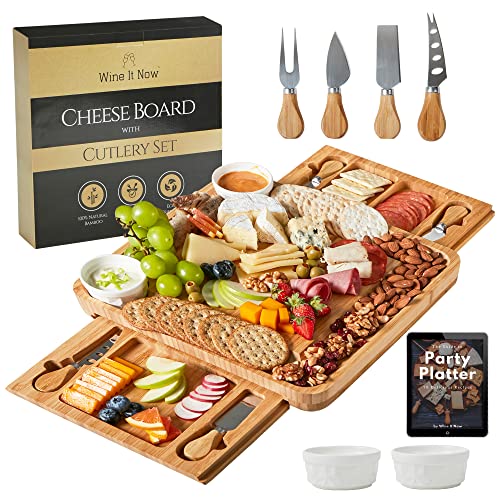 Large Charcuterie Board Set with 4x Cheese Knives, 2x Ceramic Bowls - 13x 13 Inch Bamboo Charcuterie Boards - Magnet Drawers - Bachelor Party Gift, Anniversary, Wedding Gifts for Couples - Wine It Now