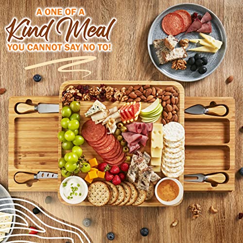 Large Charcuterie Board Set with 4x Cheese Knives, 2x Ceramic Bowls - 13x 13 Inch Bamboo Charcuterie Boards - Magnet Drawers - Bachelor Party Gift, Anniversary, Wedding Gifts for Couples - Wine It Now