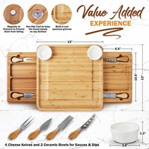 Large Charcuterie Board Set with 4x Cheese Knives, 2x Ceramic Bowls - 13x 13 Inch Bamboo Charcuterie Boards - Magnet Drawers - Bachelor Party Gift, Anniversary, Wedding Gifts for Couples - Wine It Now