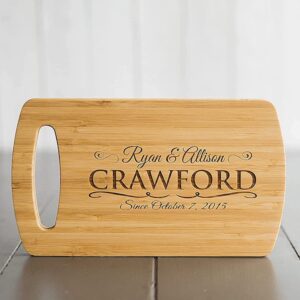 personalized wedding gift for couples - engraved bamboo cutting board - engagement gifts or bride to be gifts - mr & mrs gift (mini board with easy carry handle, crawford design)