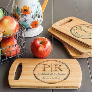 Personalized Wedding Gift for Couples - Engraved Bamboo Cutting Board - Engagement Gifts or Bride to Be Gifts - Mr & Mrs Gift (Mini Board with Easy Carry Handle, Crawford Design)