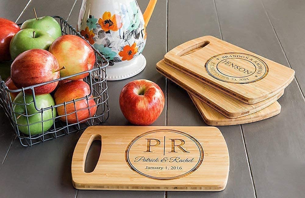 Personalized Wedding Gift for Couples - Engraved Bamboo Cutting Board - Engagement Gifts or Bride to Be Gifts - Mr & Mrs Gift (Mini Board with Easy Carry Handle, Crawford Design)