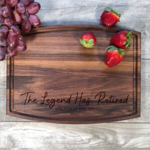 retirement gifts women men. cutting board. personalized gift. the legend has retired boards (walnut, 9" x 12" arched board)