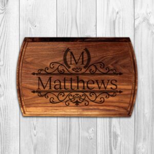 monogrammed wood cutting board gift for him or her, unique wedding gift for couples, engraved maple or walnut holiday gift idea, etched gift