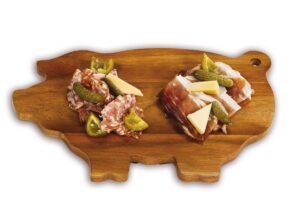 picnic plus pig shape acacia board for meats, cheeses, appetizers, cutting board, serving board