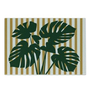 ambesonne tropical cutting board, hawaiian monstera leaves on a background of vertical stripes, decorative tempered glass cutting and serving board, small size, pale coffee hunter green