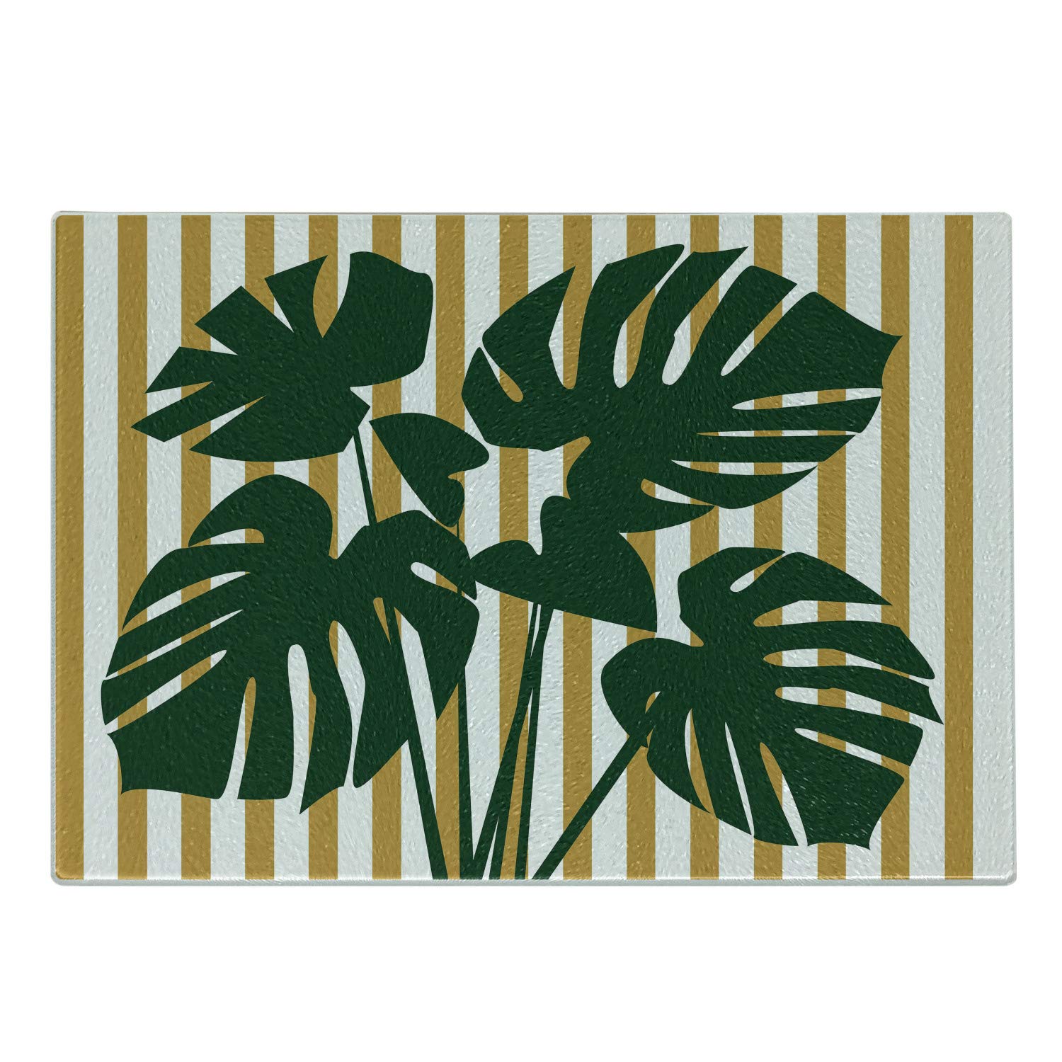 Ambesonne Tropical Cutting Board, Hawaiian Monstera Leaves on a Background of Vertical Stripes, Decorative Tempered Glass Cutting and Serving Board, Small Size, Pale Coffee Hunter Green