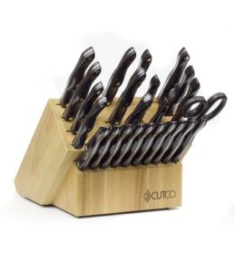 cutco model 6014 santoku signature set with steak knives............23 high carbon stainless knives & forks (including 10 #2159 steak knives) with classic dark brown handles (often called "black") in factory-sealed plastic bags...........#1652 honey oak k