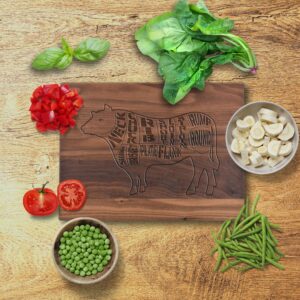 Angus Beef Cuts of Meat Engraved Wooden Cutting Board - Nice Grilling Gift Idea Butcher BBQ Chef Pitboss Birthday Present - Wood Cow Chopping Block Kitchen Decor - Handmade in USA - Small Walnut