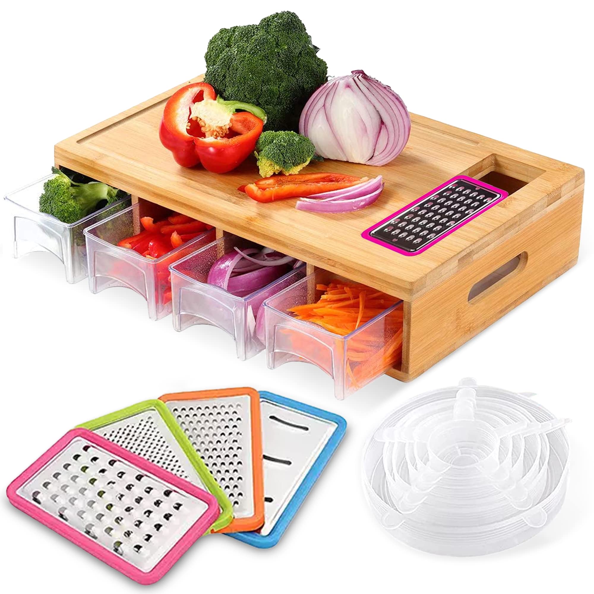 Bamboo Cutting Board With Containers - Meal prep station of 4 - Graters & 6 Bowl Lids, Trays, Splash - Multifunctional board by TOASTMARK