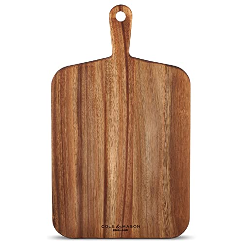 Cole & Mason Barkway Medium Chopping Board with Handle - Wood Chopping Board - Cutting Board for Vegetables, Meat, Fish, Fruit and Cheese - Board with Storage Handle - Acacia, 18" x 10.6"