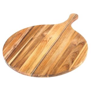 teakhaus atlas pizza serving board with handle - small round wooden board for serving pizza, appetizers, cheese and bread - perfect charcuterie and tapas board - knife friendly - fsc certified