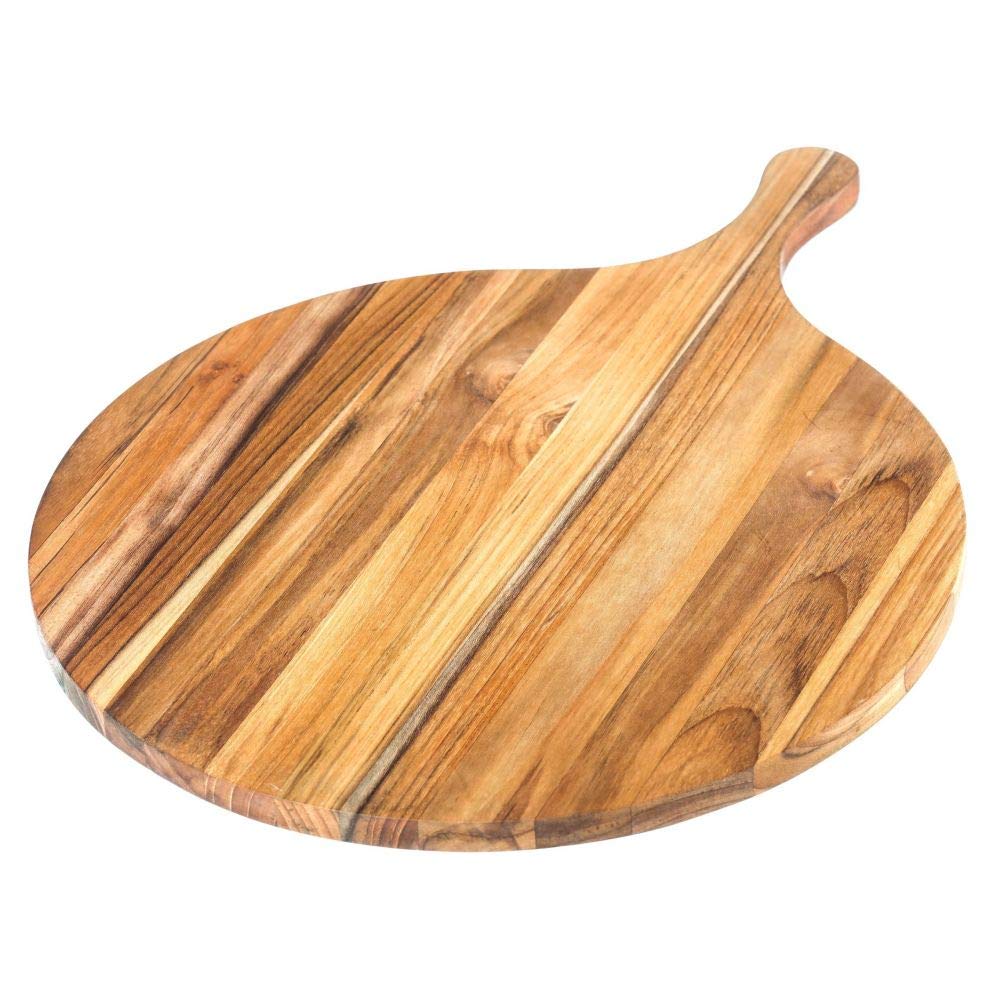 Teakhaus Atlas Pizza Serving Board with Handle - Small Round Wooden Board for Serving Pizza, Appetizers, Cheese and Bread - Perfect Charcuterie and Tapas Board - Knife Friendly - FSC Certified