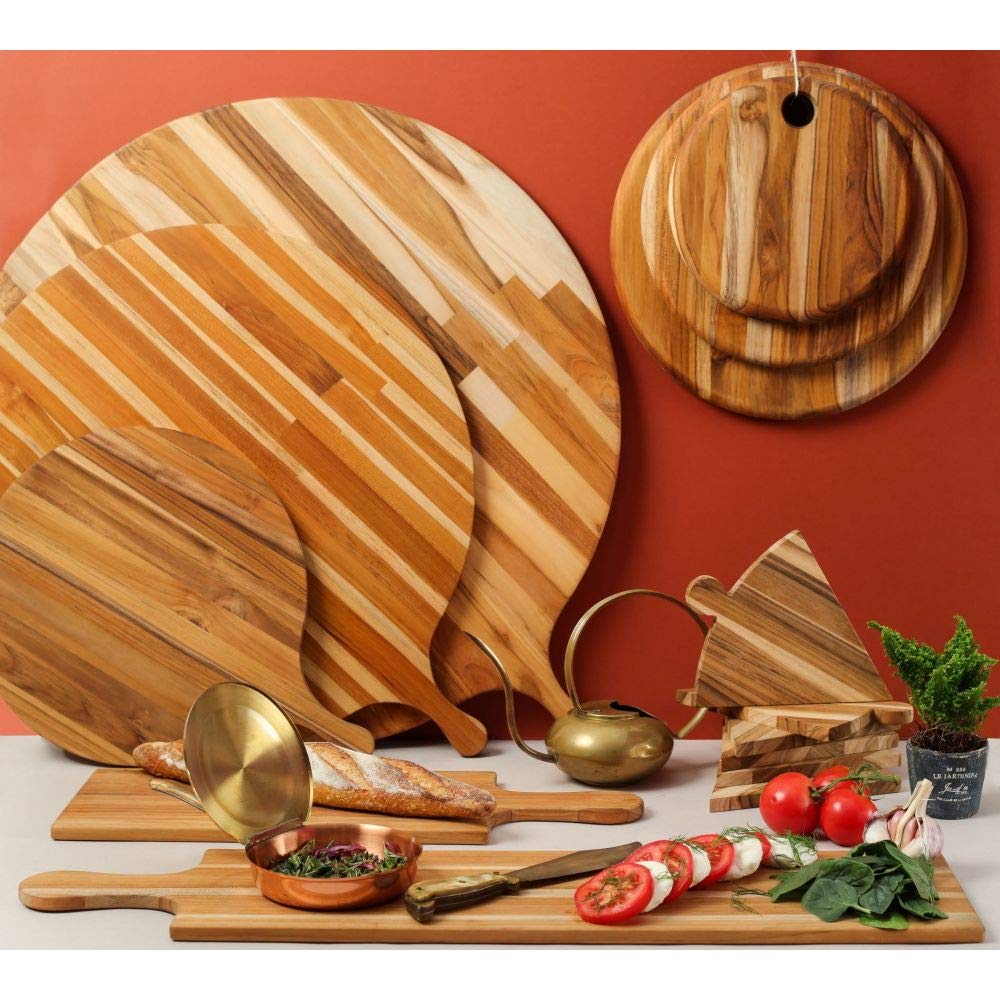 Teakhaus Atlas Pizza Serving Board with Handle - Small Round Wooden Board for Serving Pizza, Appetizers, Cheese and Bread - Perfect Charcuterie and Tapas Board - Knife Friendly - FSC Certified
