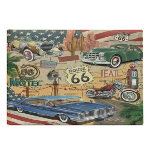 lunarable route 66 cutting board, old fashioned cars motorcycle on a map road trip journey american usa concept, decorative tempered glass cutting and serving board, large size, blue brown