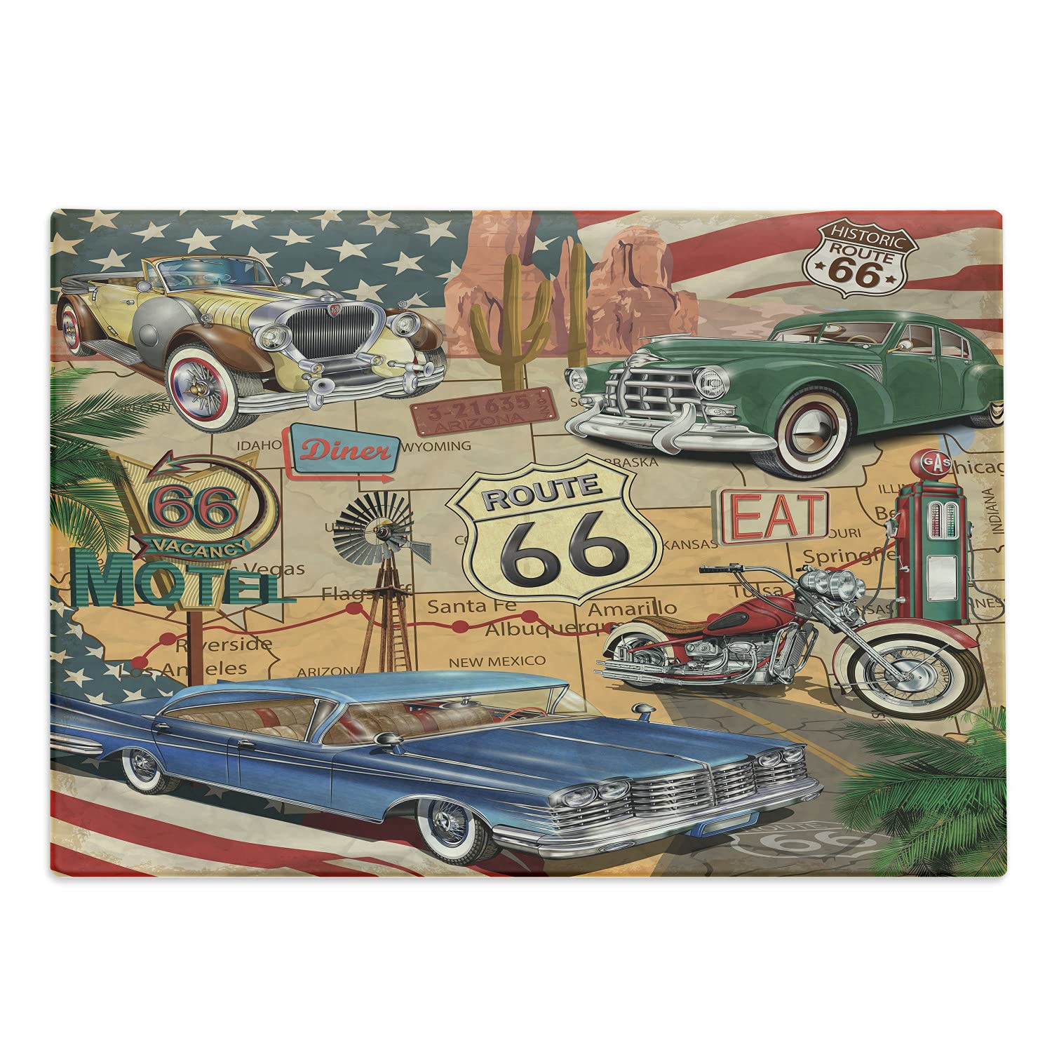 Lunarable Route 66 Cutting Board, Old Fashioned Cars Motorcycle on a Map Road Trip Journey American USa Concept, Decorative Tempered Glass Cutting and Serving Board, Large Size, Blue Brown