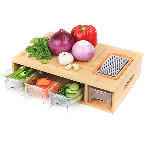 Bamboo Kraft Bamboo Cutting Board with Containers - Large Chopping Board for Easy Food Prep with Juice Grooves, Handles - Incl. 4 Graters & 4 Drawers