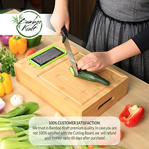 Bamboo Kraft Bamboo Cutting Board with Containers - Large Chopping Board for Easy Food Prep with Juice Grooves, Handles - Incl. 4 Graters & 4 Drawers