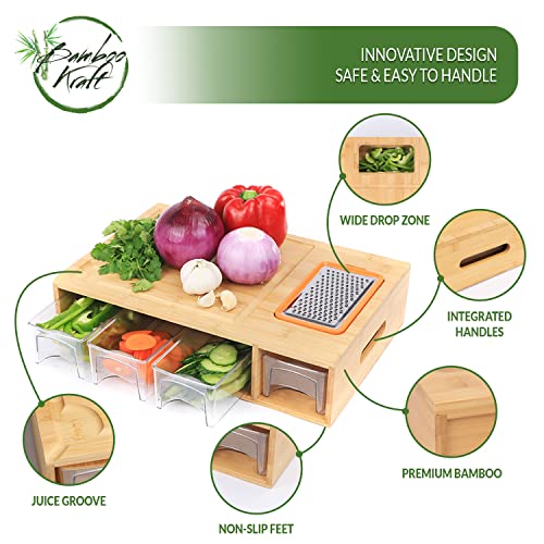 Bamboo Kraft Bamboo Cutting Board with Containers - Large Chopping Board for Easy Food Prep with Juice Grooves, Handles - Incl. 4 Graters & 4 Drawers