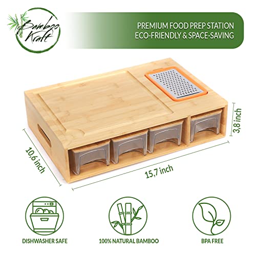 Bamboo Kraft Bamboo Cutting Board with Containers - Large Chopping Board for Easy Food Prep with Juice Grooves, Handles - Incl. 4 Graters & 4 Drawers