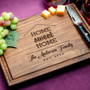 straga personalized cutting boards | handmade wood engraved charcuterie | custom housewarming, home purchase gift for homeowners, real estate agents (home sweet home design no.941)
