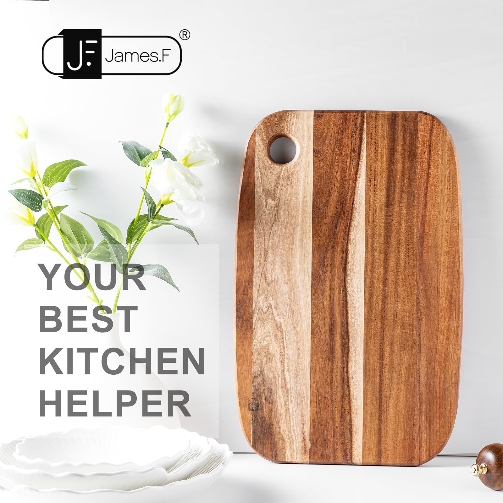 Acacia Wooden Cutting Board,JF JAMES.F Heavy Duty Wood Chopping Boards with Hang Hole, Thick Reversible Cutting Boards Serving Tray for Kitchen, Meat and Cheese Vegetables(18.11 x 11.81 x 0.71 in)