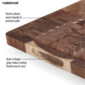 Farberware Thick End Grain Acacia Cutting Board with Juice Groove and Finger Grips, 12x18 Inch