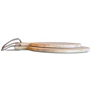 Gastro Chic Cutting Boards, Set of 2, Paddle Shaped, Rustic Mango Wood, Stitched Leather Hanging Straps, Food Safe, Each Over 1 Ft (17.25 and 15.25 Inches Long)