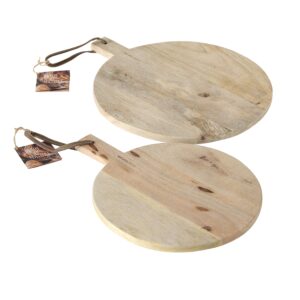 Gastro Chic Cutting Boards, Set of 2, Paddle Shaped, Rustic Mango Wood, Stitched Leather Hanging Straps, Food Safe, Each Over 1 Ft (17.25 and 15.25 Inches Long)